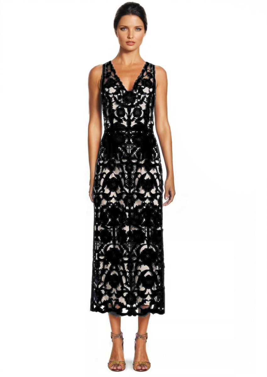 Buy Online Sleeveless Floral Crepe Laser-Cut Midi Dress in BLACK