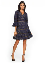 Load image into Gallery viewer, Bell-Sleeve Surplice Lace Dress in Blue