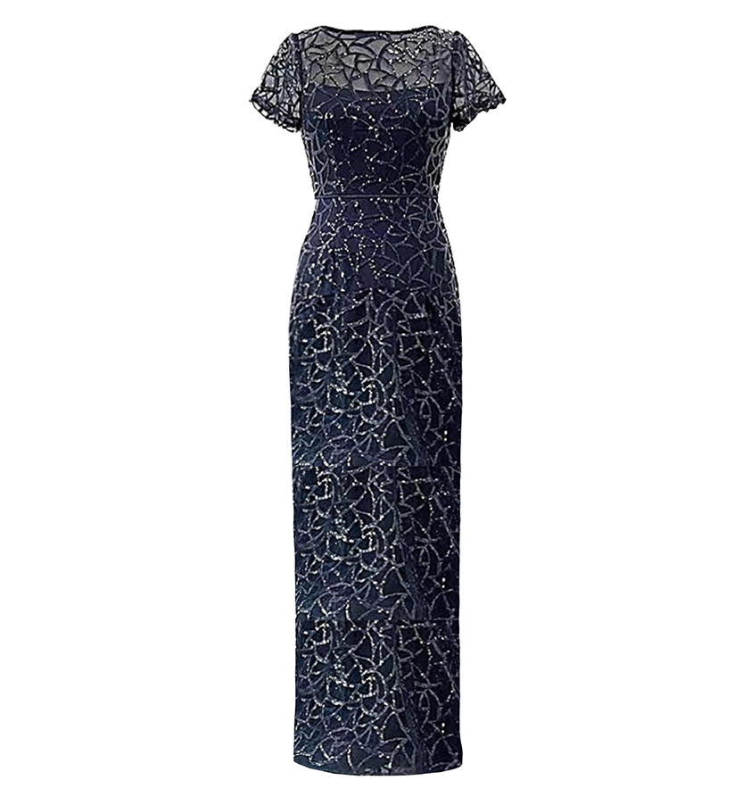 grey long dress formal Shani Women's Sequined Illusion-Neck Gown - Navy