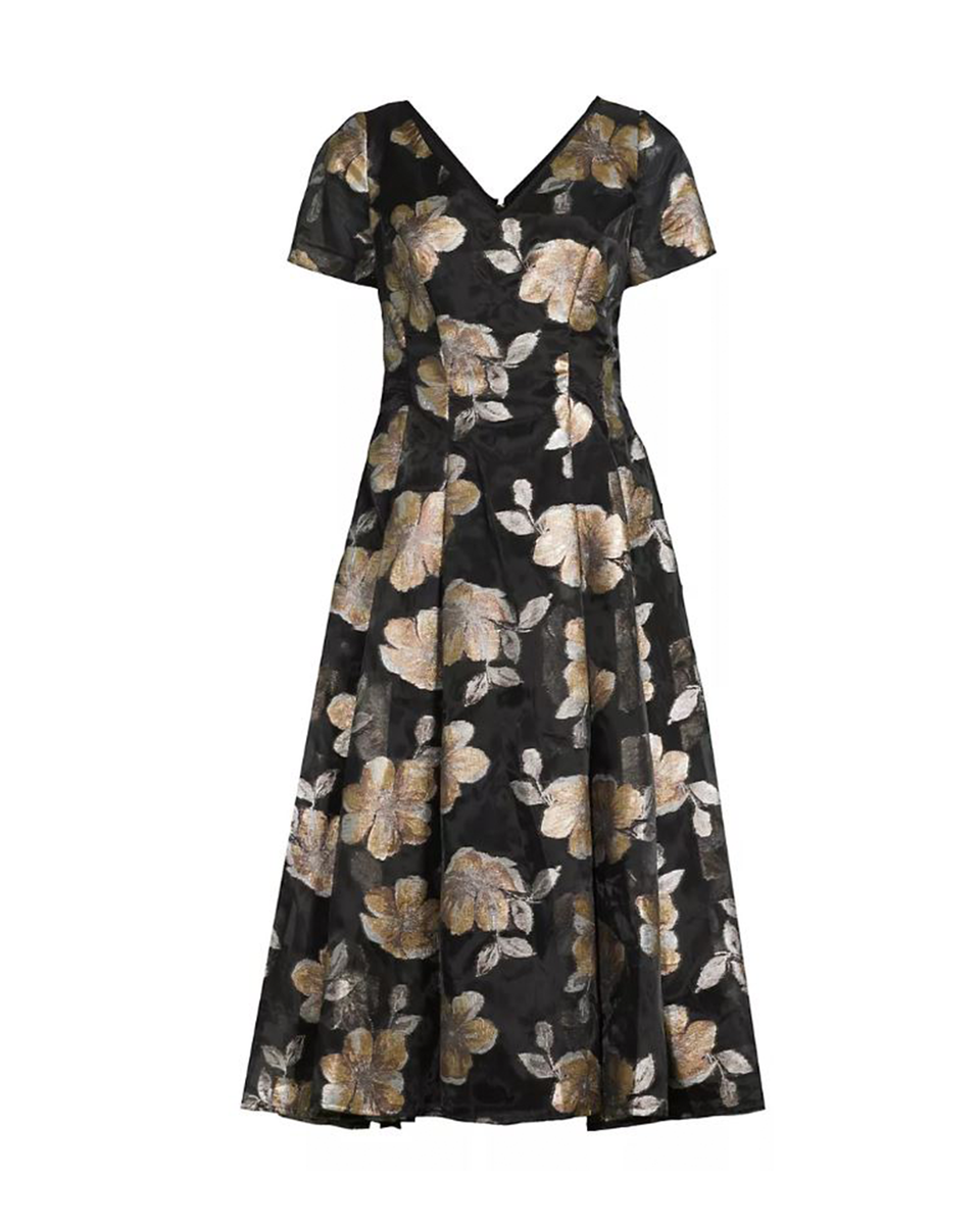 Shani Women's Jacquard Organza V-Neck Midi-Dress - Black Gold - Size 14 Shani Women's Jacquard Organza V-Neck Midi-Dress - Black Gold - Size 14