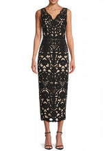 Load image into Gallery viewer, Sleeveless Floral Crepe Laser-Cut Midi Dress in BLACK
