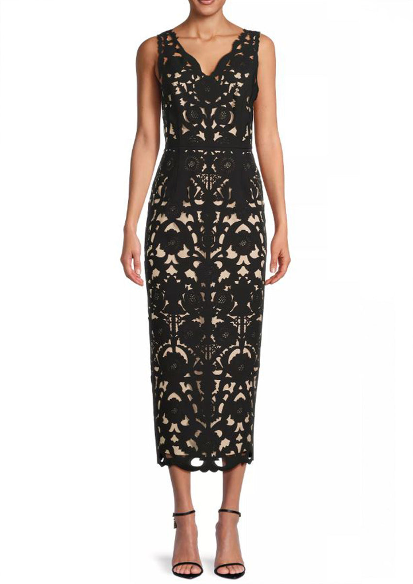 black pattern midi dress Shani Collection Sleeveless Floral Crepe Laser-Cut Midi Dress in Black Size 16