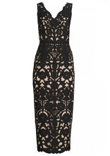 Load image into Gallery viewer, Sleeveless Floral Crepe Laser-Cut Midi Dress in BLACK