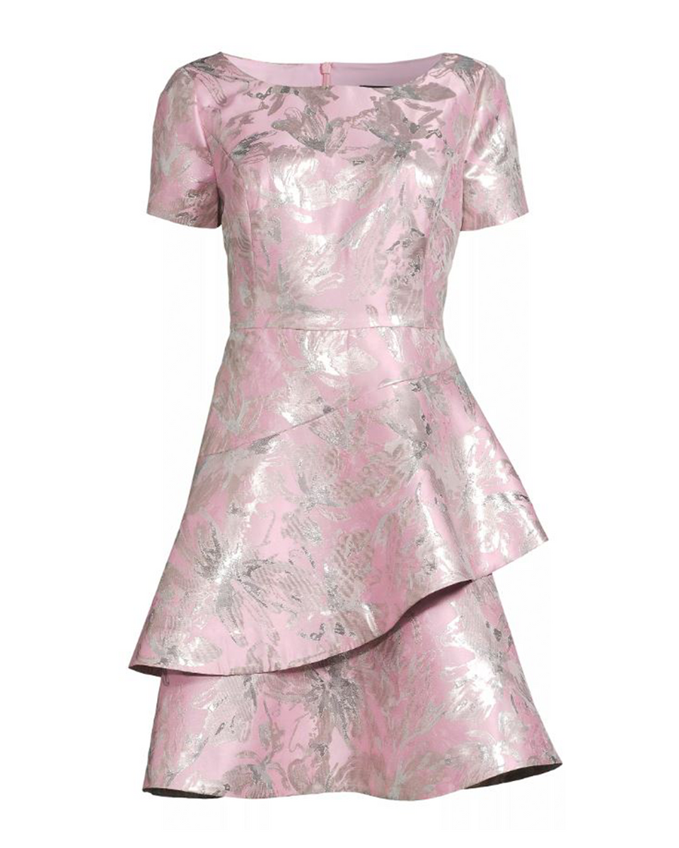 Buy Online Asymmetric Tiered Jacquard Dress in Dusty Pink