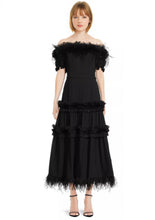 Load image into Gallery viewer, Tiered Ruffle and Feather Midi Dress