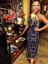 Load image into Gallery viewer, Sleeveless Floral Crepe Laser-Cut Midi Dress in BLACK