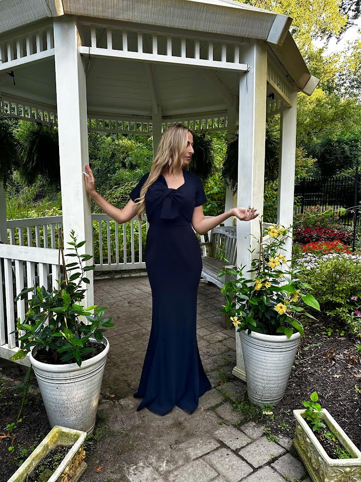 Buy Online Bow Detail Crepe Gown in Navy for Women | Shani Collection