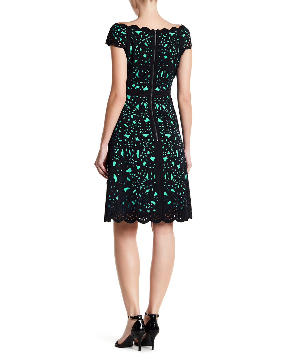 Shani Women's Off-The-Shoulder Laser Cut Dress - Black Mint - Size 8 Shani Women's Off-The-Shoulder Laser Cut Dress - Black Mint - Size 8