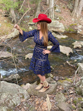 Load image into Gallery viewer, Bell-Sleeve Surplice Lace Dress in Blue