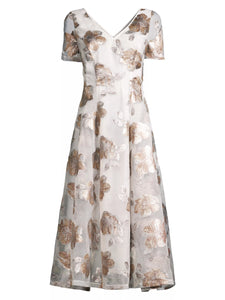 V-Neck Floral Jacquard Organza Fit & Flare Midi Dress