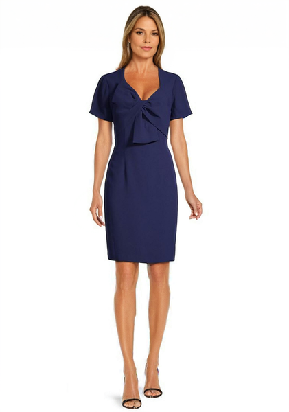 Bow Detail Crepe Sheath Dress in Navy
