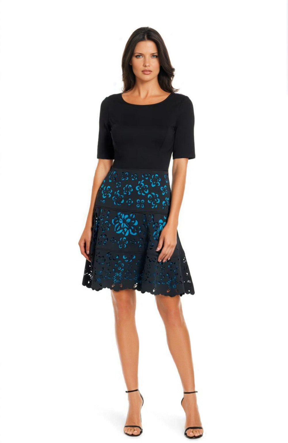 FOCUS by Shani Laser Cut Ponte Knit Fit & Flare Dress in Blue FOCUS by Shani Laser Cut Ponte Knit Fit & Flare Dress in Blue