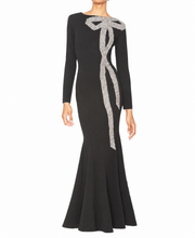 Load image into Gallery viewer, WHITE TIE by Shani - Crepe Gown with Crystal Bow Detail