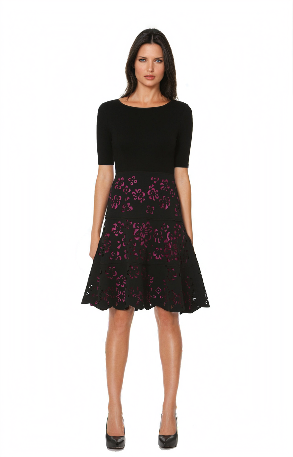 FOCUS by Shani — Laser Cut Ponte Knit Fit & Flare Dress in Fuchsia