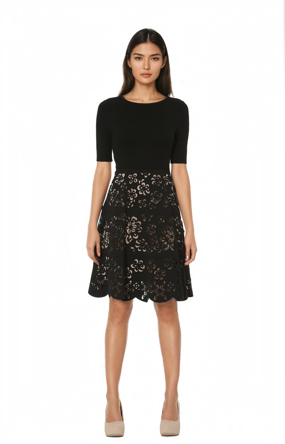 Focus by Shani Laser Cut Ponte Knit Fit & Flare Dress in Beige Focus by Shani Laser Cut Ponte Knit Fit & Flare Dress in Beige