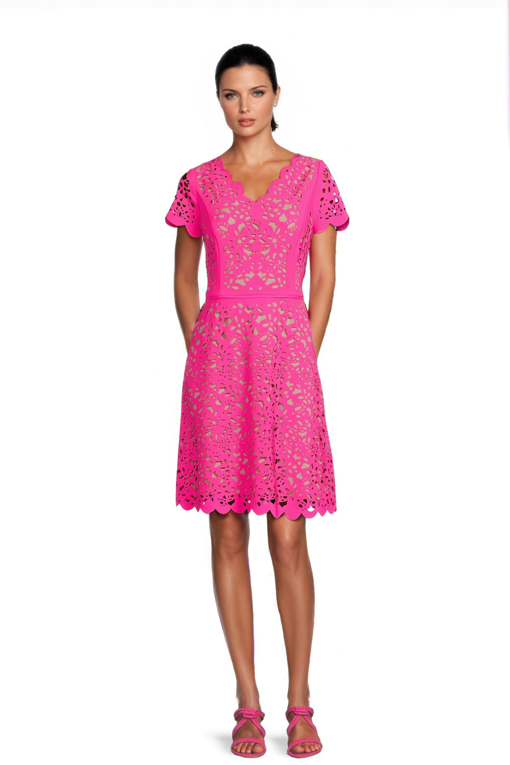 Buy Online FOCUS by Shani V-Neck Laser Cut Fit & Flare Dress in Hot Pink for Women | Shani Collection Buy Online FOCUS by Shani V-Neck Laser Cut Fit & Flare Dress in Hot Pink for Women | Shani Collection