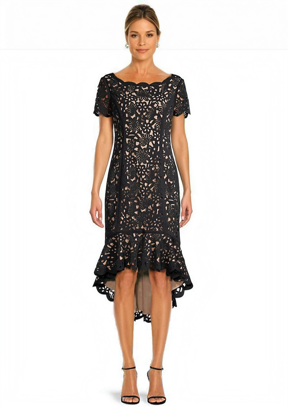 Hi-Lo Laser Cut Dress in Beige