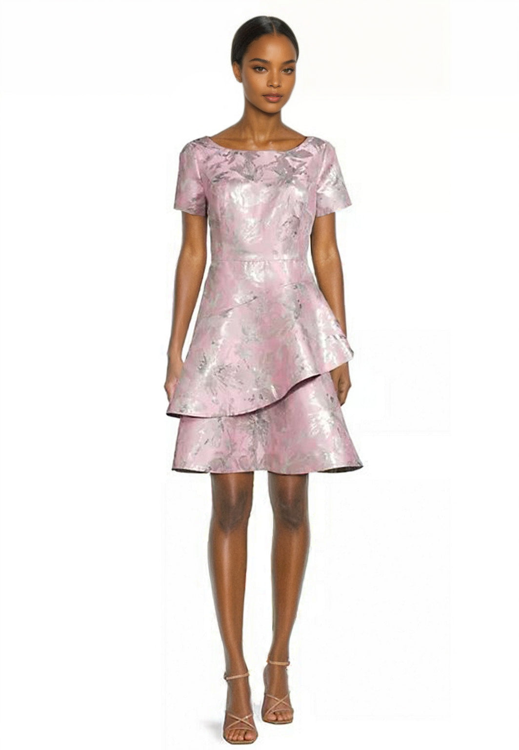 Asymmetric Tiered Jacquard Dress in Dusty Pink