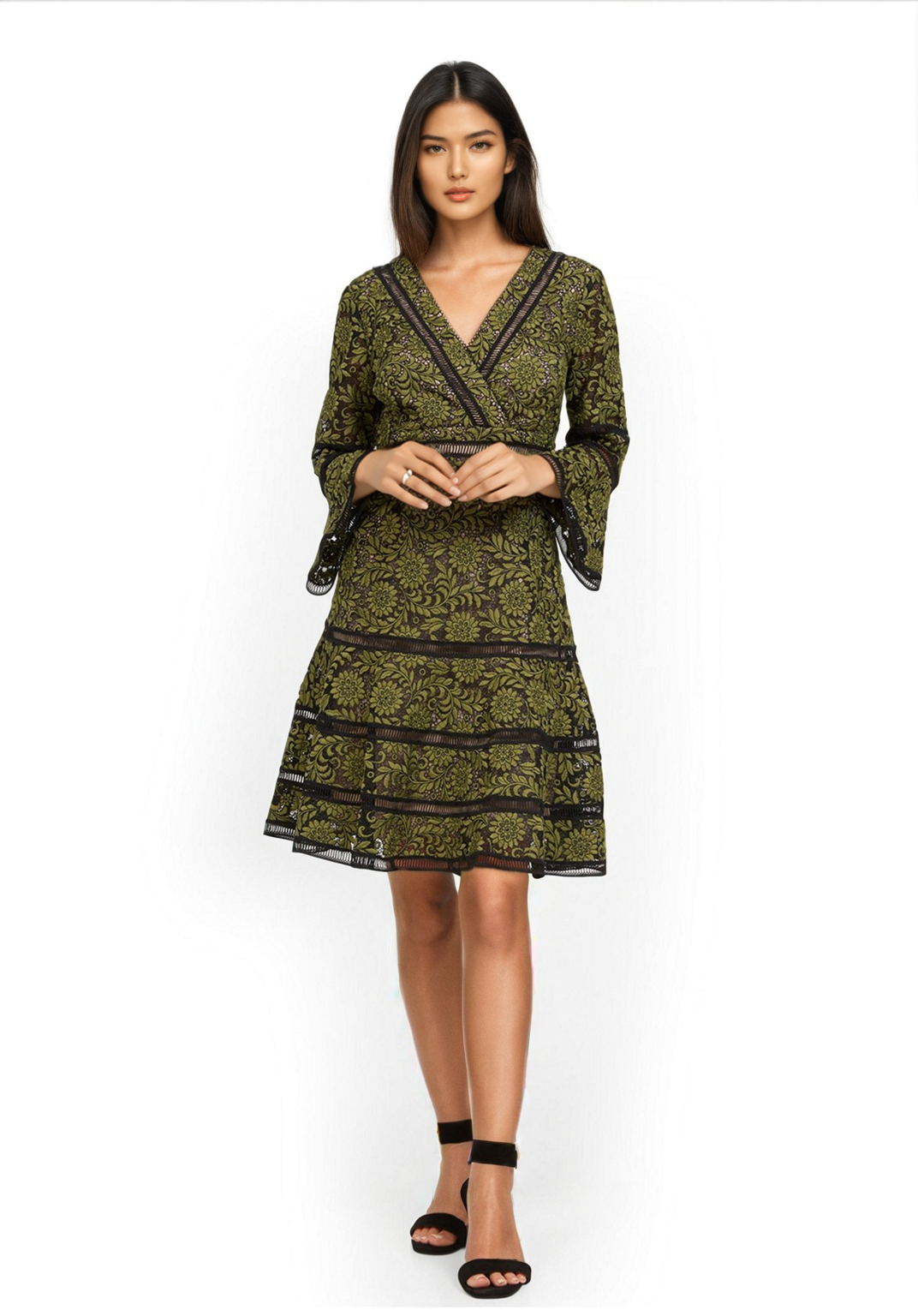 Shani Bell-Sleeve Surplice Lace Dress in Green - Green - 4 Shani Bell-Sleeve Surplice Lace Dress in Green - Green - 4