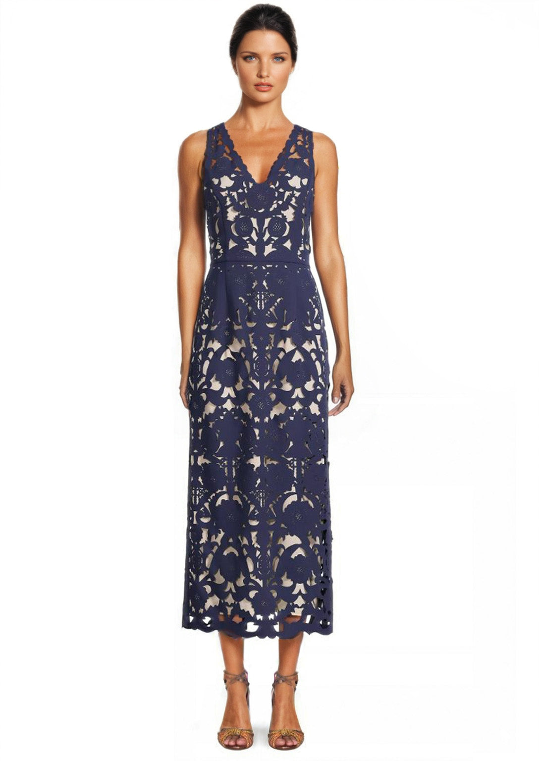Shani Women's Floral Crepe Laser-Cut Midi Dress - Navy - Size 4 Shani Women's Floral Crepe Laser-Cut Midi Dress - Navy - Size 4