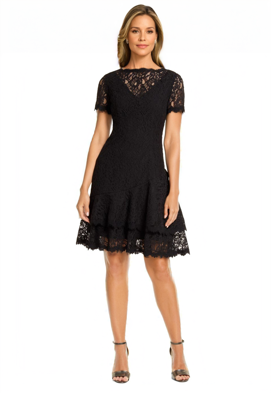 Shani Women's Short Sleeve Double Ruffle Lace Dress in Black