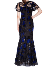 Load image into Gallery viewer, Sequin Floral Gown with Illusion Neckline and Flutter Sleeves