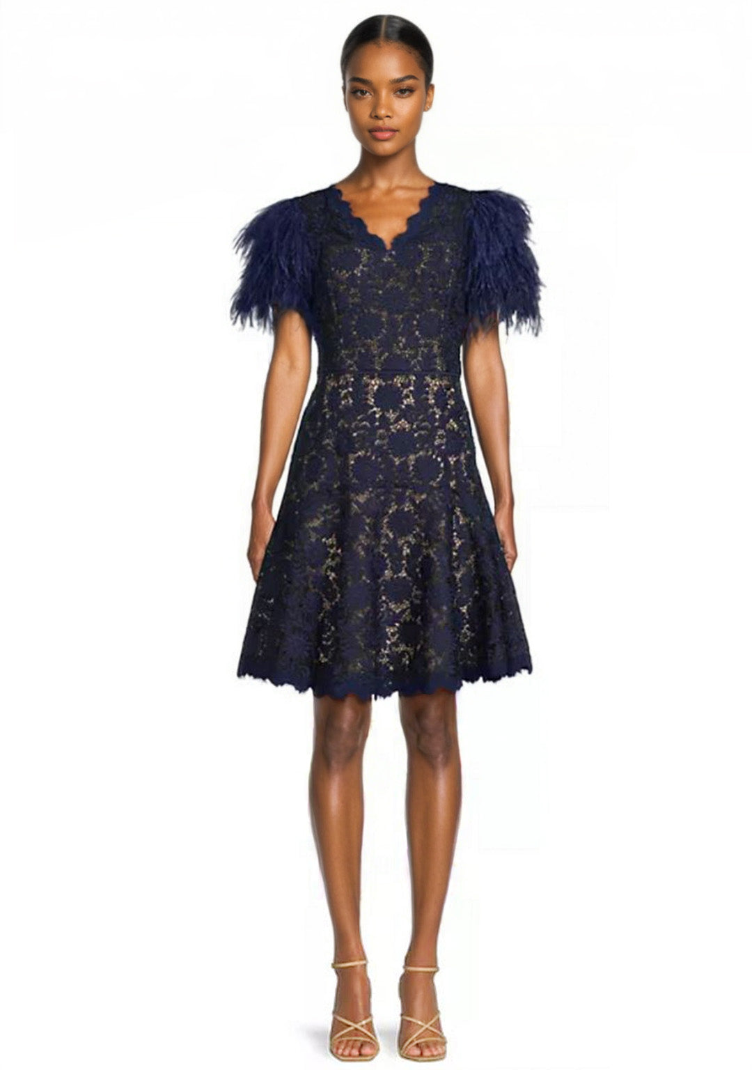 Fit & Flare Lace Dress with Feather Sleeves in Navy