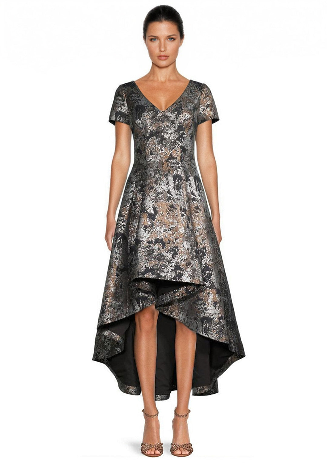 Shani Jacquard High-Low Fit & Flare Dress Black/Gold Shani Jacquard High-Low Fit & Flare Dress Black/Gold