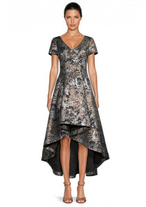 Shani Jacquard High-Low Fit & Flare Dress Black/Gold Shani Jacquard High-Low Fit & Flare Dress Black/Gold
