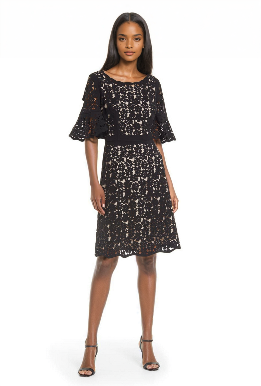 Shani Laser Cut Lace Fit & Flare Dress in Black/Nude at Nordstrom, Size 16