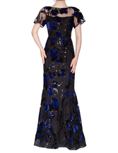 Load image into Gallery viewer, Sequin Floral Gown with Illusion Neckline and Flutter Sleeves