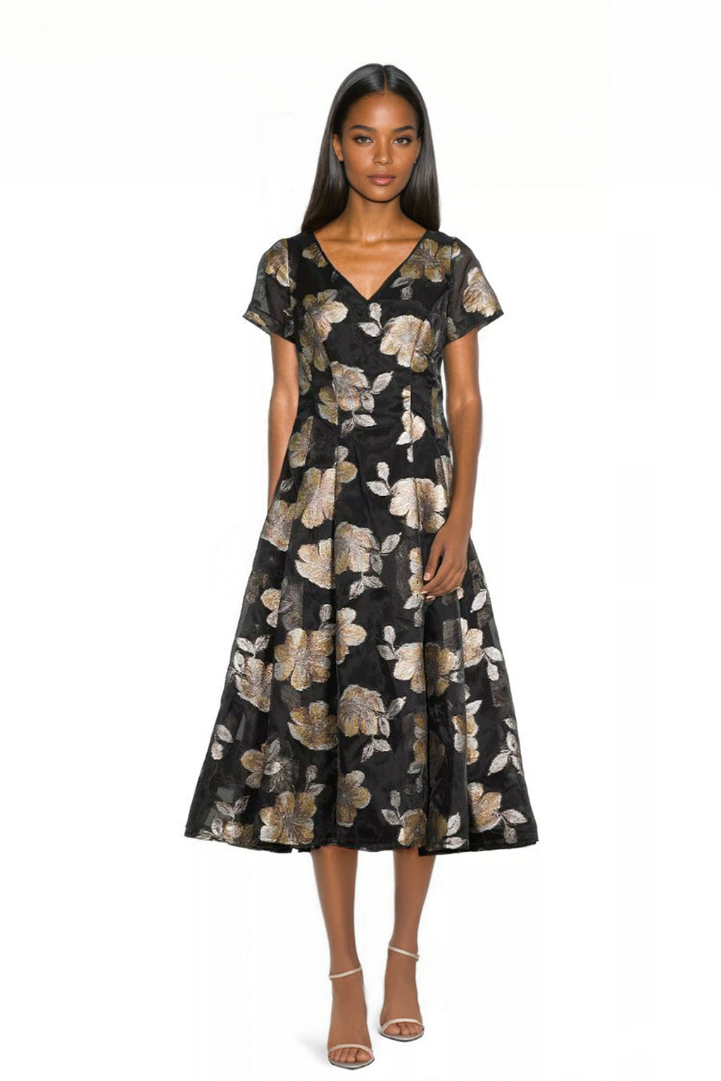 floral fit and flare dress White Tie by Shani Women's V-Neck Organza Midi - Black/Gold Brown Lace Trim Short Leo A1347 Short Floral Exclusives Inseam:26