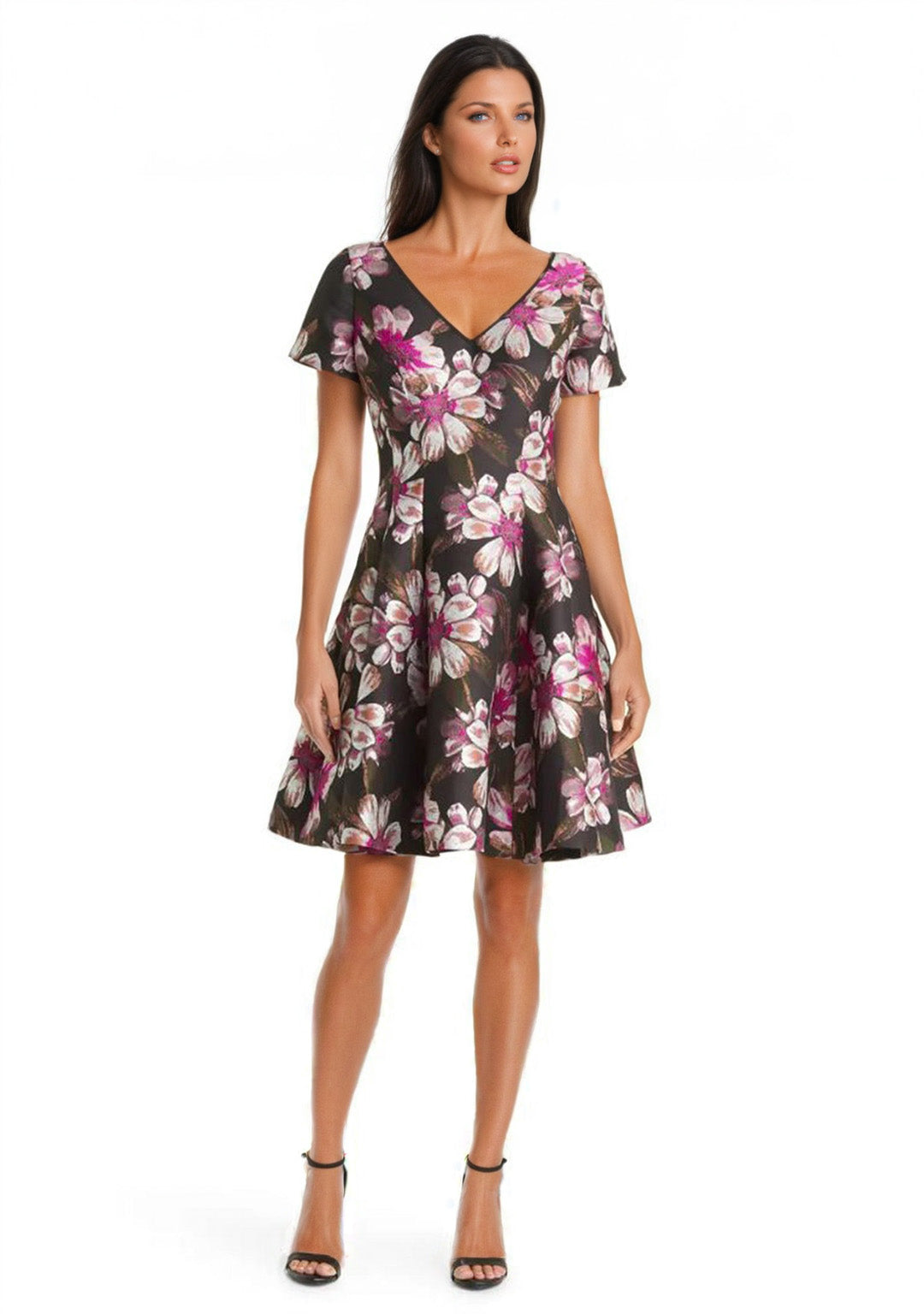 Buy Online V-Neck Floral Jacquard Fit Flare Dress for Women