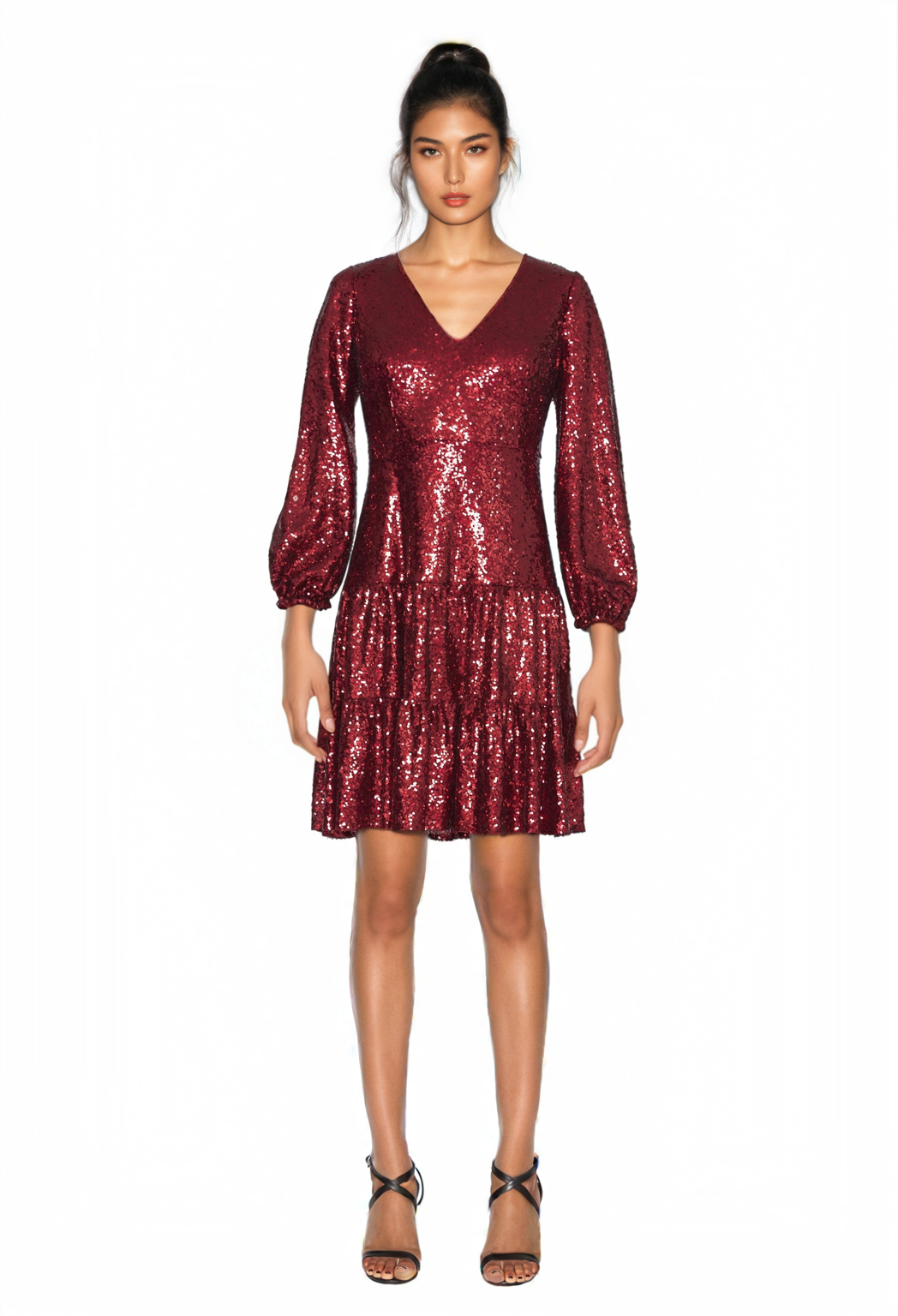Buy Online FOCUS by SHANI - V-Neck Fit and Flare Sequin Dress in Wine for Women | Shani Collection Buy Online FOCUS by SHANI - V-Neck Fit and Flare Sequin Dress in Wine for Women | Shani Collection