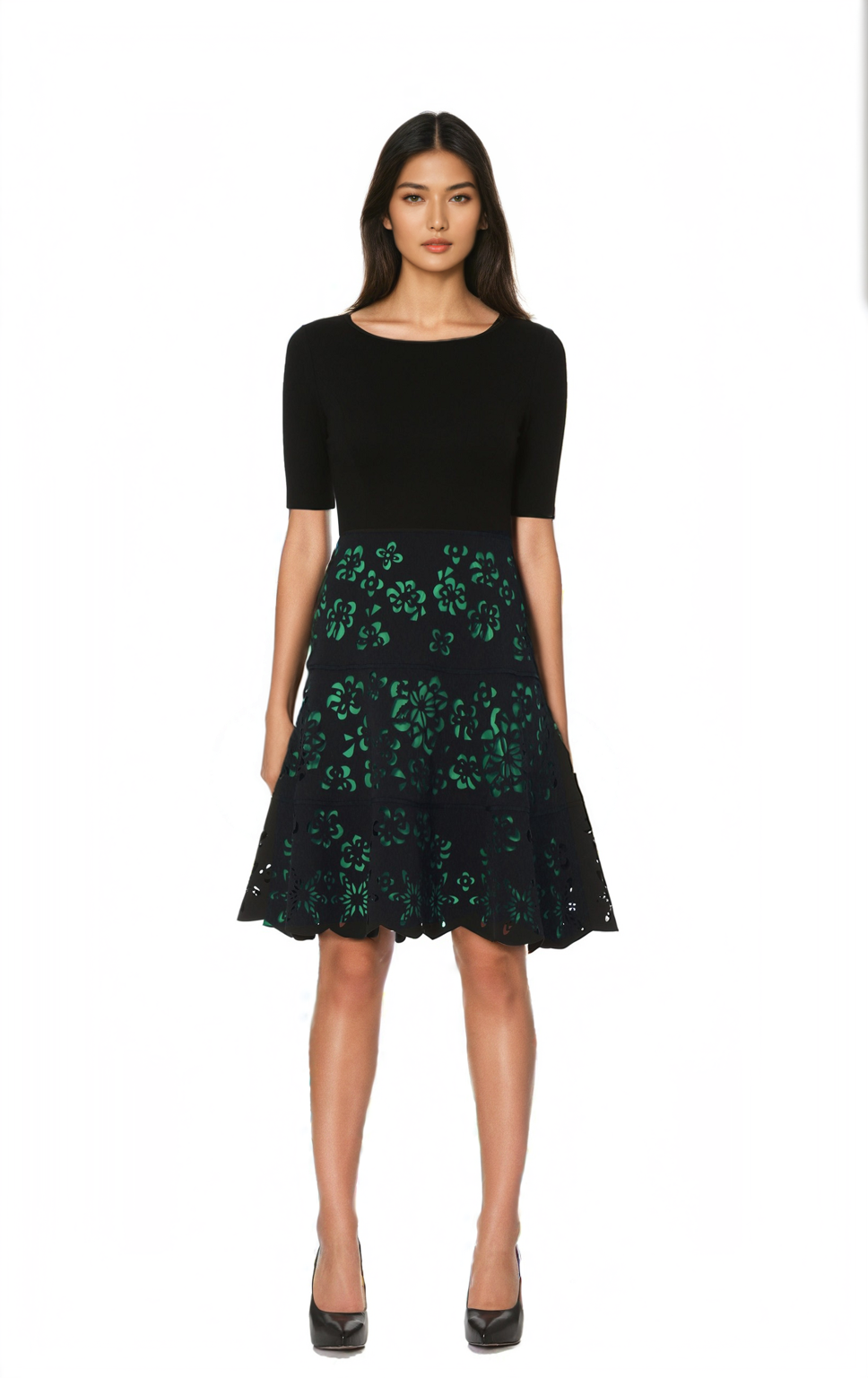slim fit dress slacks Focus by Shani — Laser Cut Ponte Knit Fit & Flare Dress in Green