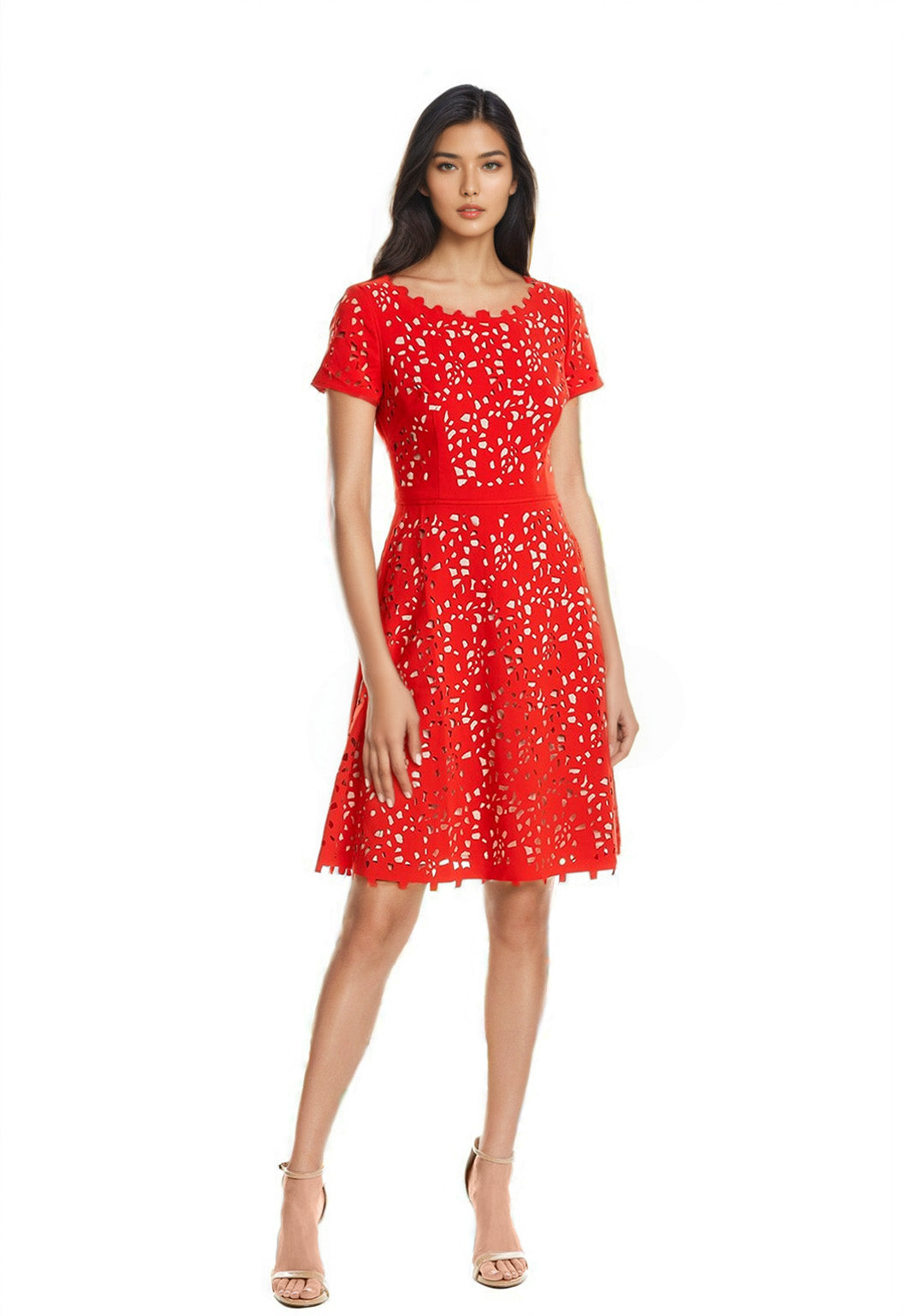 Focus By Shani Laser Cut Fit And Flare Dress Red / Nude / 4