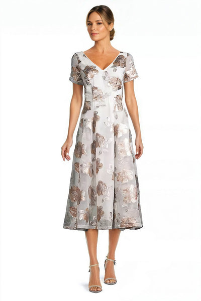 V-Neck Floral Jacquard and Organza Fit & Flare Midi Dress