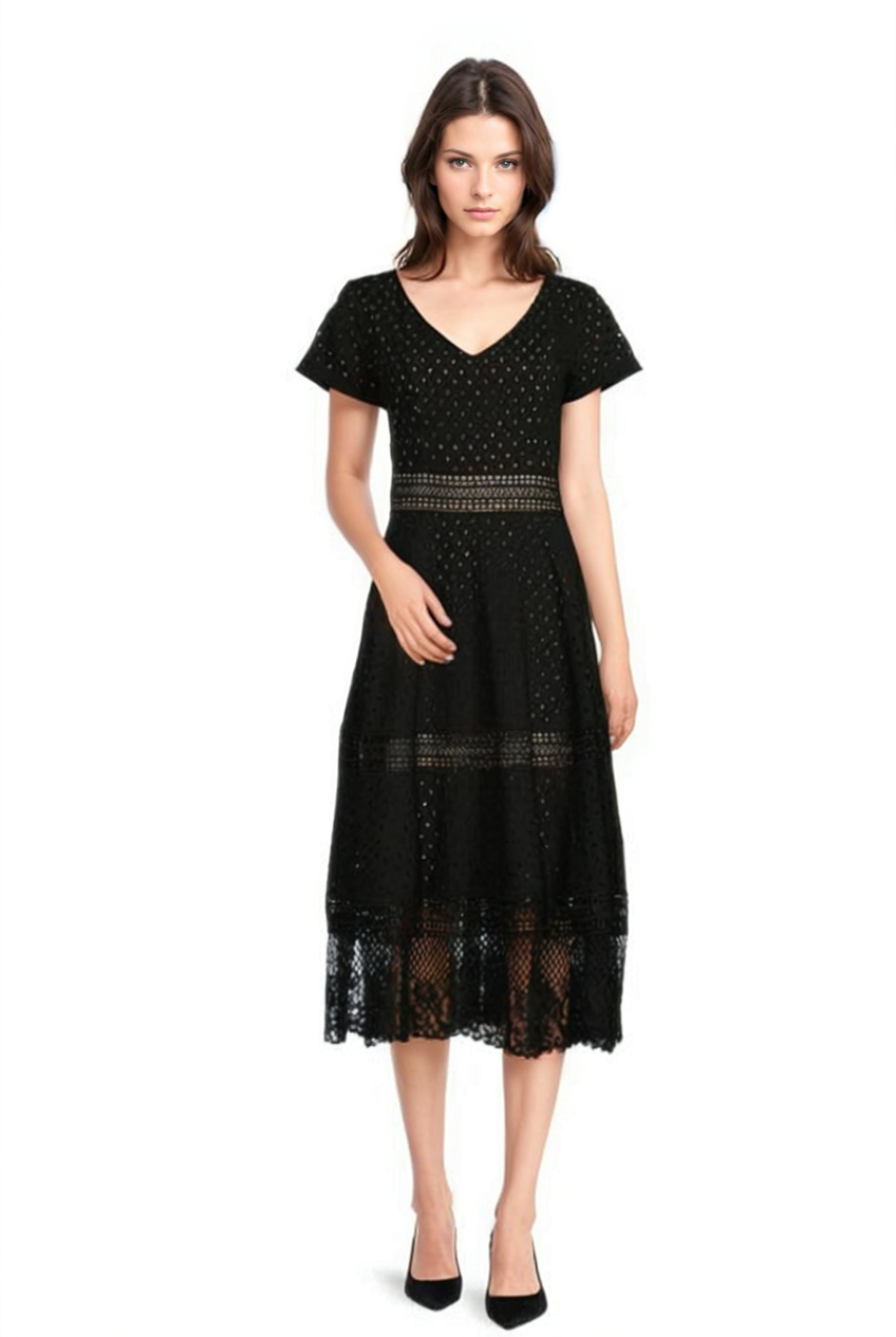 FOCUS by Shani — Eyelet Embroidered Midi Dress in Black