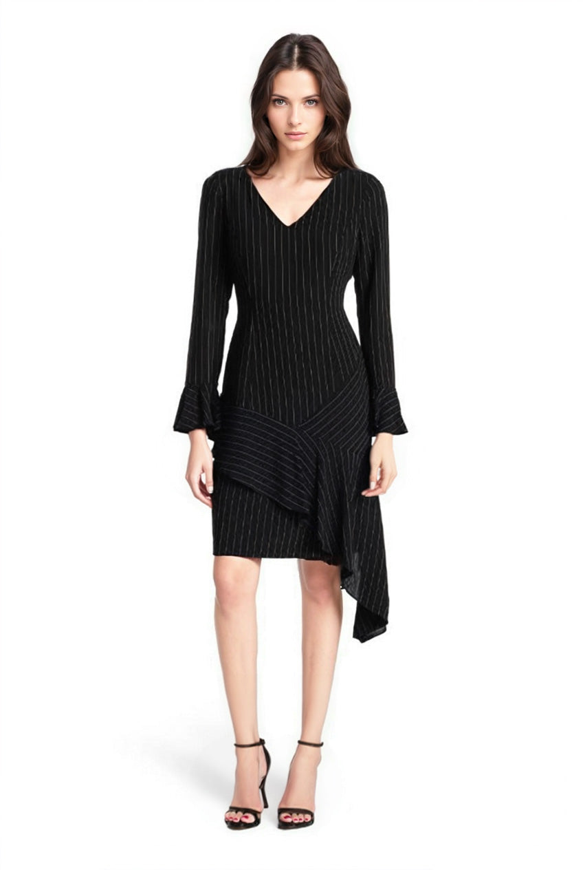 FOCUS by Shani V-Neck Pinstripe Asymmetric Ruffle Dress FOCUS by Shani V-Neck Pinstripe Asymmetric Ruffle Dress