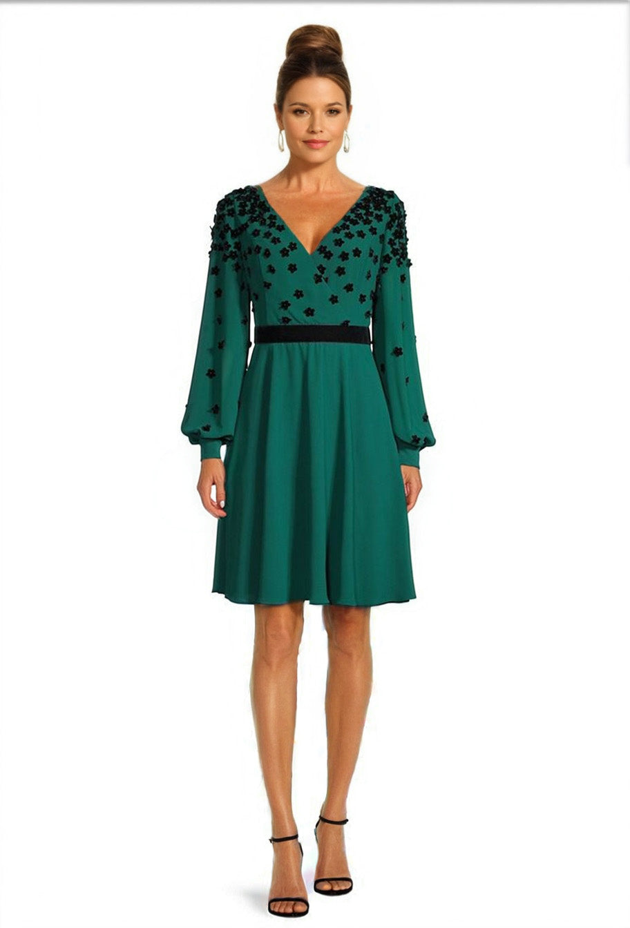 Shani Georgette Floral Appliqu Long Sleeve Dress - Green Shani Georgette Floral Appliqu Long Sleeve Dress - Green