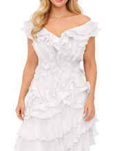 Load image into Gallery viewer, Asymmetric Tiered Ruffle Gown in White