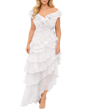 Load image into Gallery viewer, Asymmetric Tiered Ruffle Gown in White