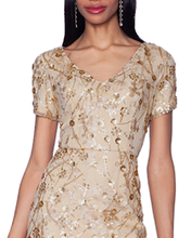 Load image into Gallery viewer, V-Neck Gold Fit and Flare Embroidered Gown