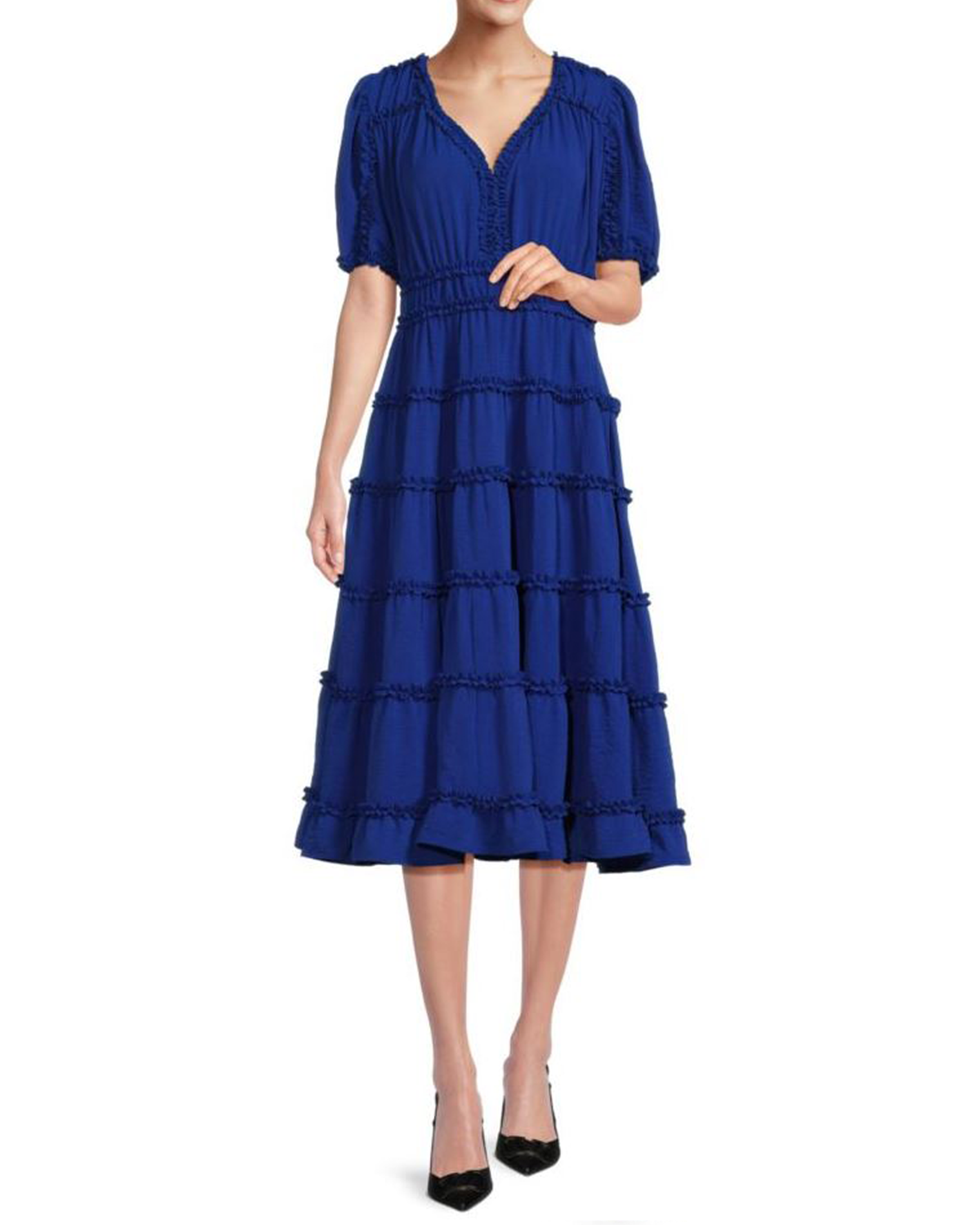 FOCUS by SHANI - Ruffle Trim Tiered Midi Dress