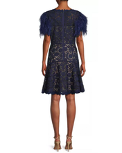 Load image into Gallery viewer, Fit &amp; Flare Lace Dress with Feather Sleeves in Navy
