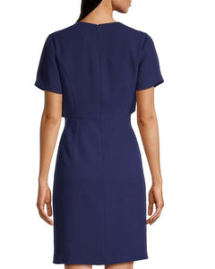 Bow Detail Crepe Sheath Dress in Navy Blue