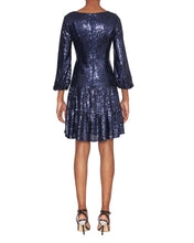 Load image into Gallery viewer, FOCUS by SHANI - V-Neck Fit and Flare Sequin Dress in Navy