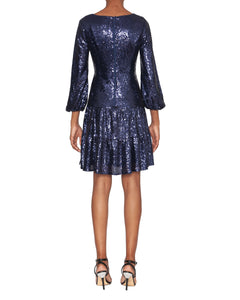 FOCUS by SHANI - V-Neck Fit and Flare Sequin Dress in Navy