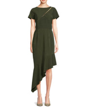 Load image into Gallery viewer, FOCUS BY SHANI - Pinstripe Asymmetrical Ruffle Hem Dress