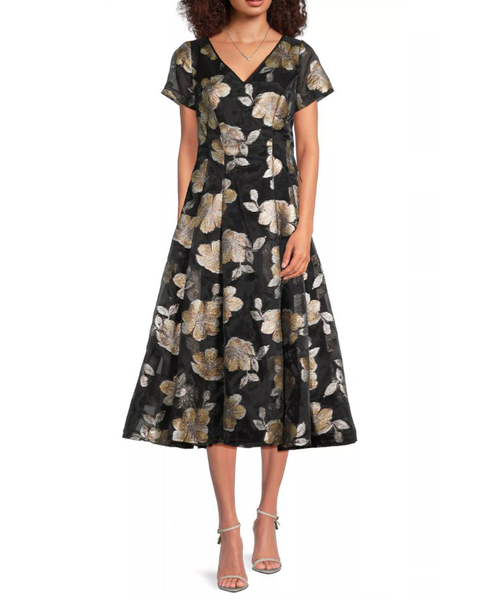 V-Neck Floral Jacquard and Organza Fit & Flare Midi Dress in Black